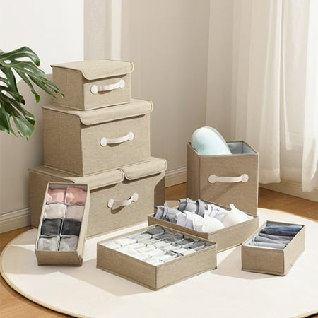 BDDVIQNN Home Textile Storage Home Textile Linen 7 Lattice Finishing Box Underwear Bra Storage Box Folding Storage Bag Washable (Khaki)