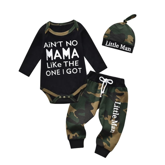 Newborn Baby Boy Clothes Letter Print Long Sleeve Romper Pants Hat 3PCS Outfits Set