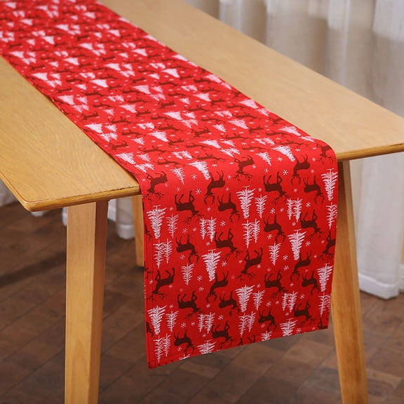 Christmas Table Runner,Elk And Christmas Trees Print Table Runner Washable For Kitchen-Red-33x150cm