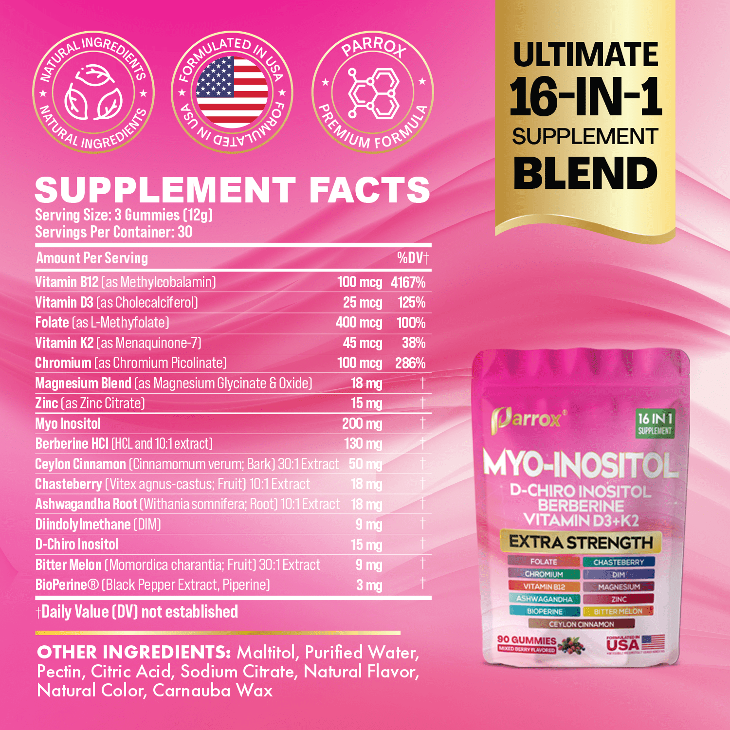Parrox Myo-Inositol & D-Chiro Inositol Gummies with Berberine, Vitamins D3 K2 B12, Folate, Zinc, Magnesium, Ashwagandha, Chasteberry, BioPerine & DIM – 16-in-1 Mixed Berry Supplement – 90 Gummies