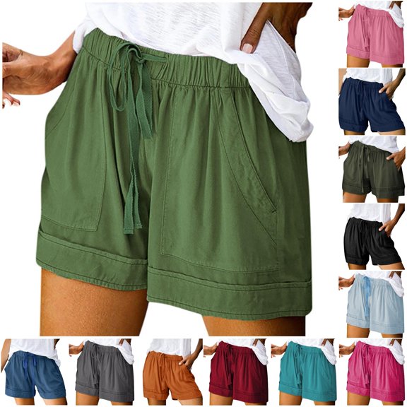 RUTAYY Women's Shorts Comfy Solid Color with Pockets Drawstring Casual Elastic Waist Pocketed Loose Bottom Fashion Seaside Shorts