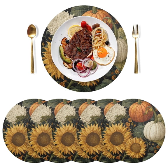 Round Placemats Plate Mats 15 Inch Non-Slip Heat Resistant Washable PVC Set Table Decoration for Kitchen Dining Pumpkins and Sunflowers Pattern