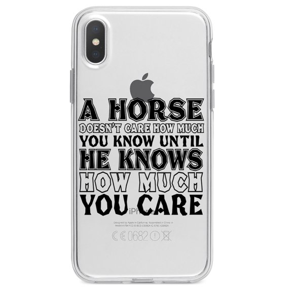 DistinctInk Clear Shockproof Hybrid Case for iPhone XR (6.1" Screen) - TPU Bumper Acrylic Back Tempered Glass Screen Protector - Horse Doesn't Care How Much You Know