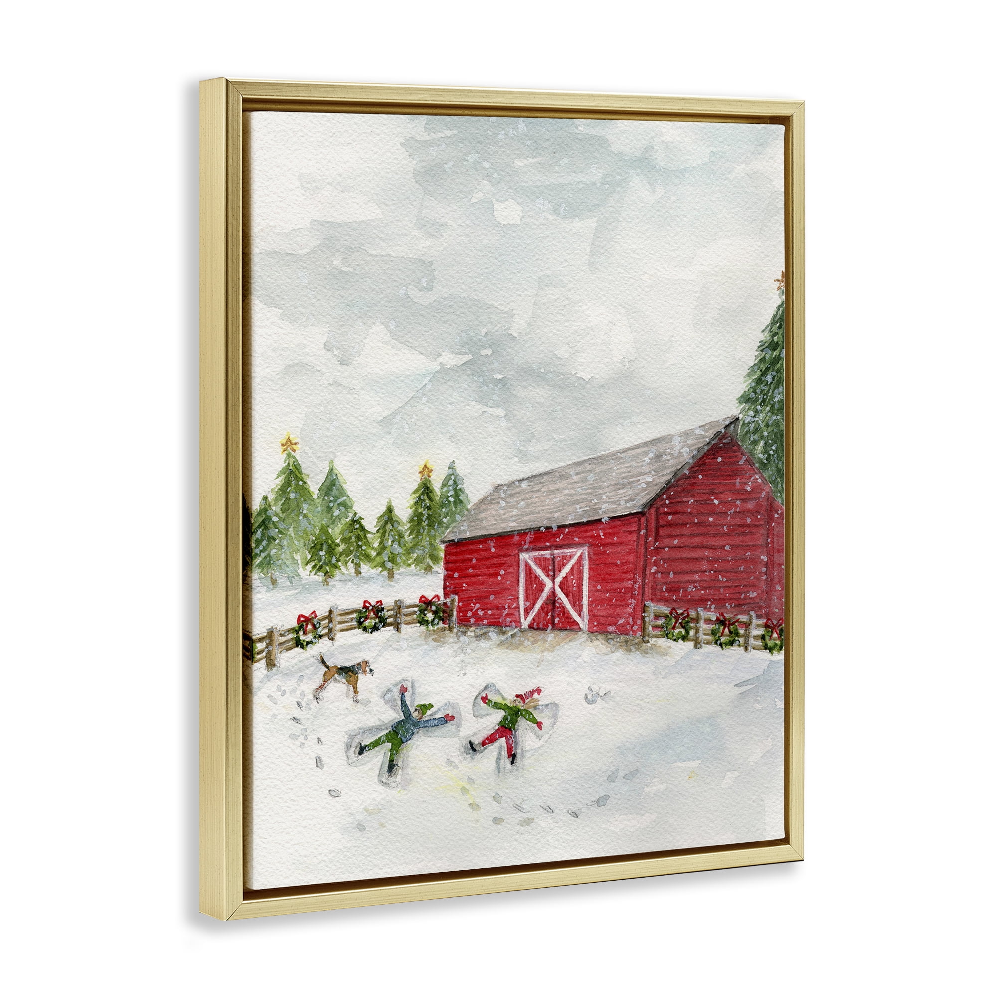 Stupell Industries New England Snow Angels Holiday Painting Gold Floater Framed Art Print Wall Art, 25 x 31