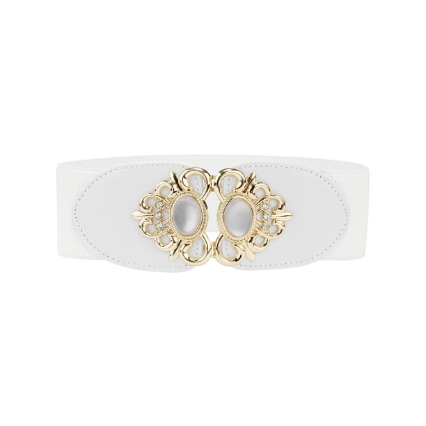 Cinturones elásticos Allegra K de 2.36" de ancho, de cuero sintético con cuentas de ópalo y incrustaciones de rhinestone, cinturón ajustable elástico para vestido de 66 cm/26" blanco
