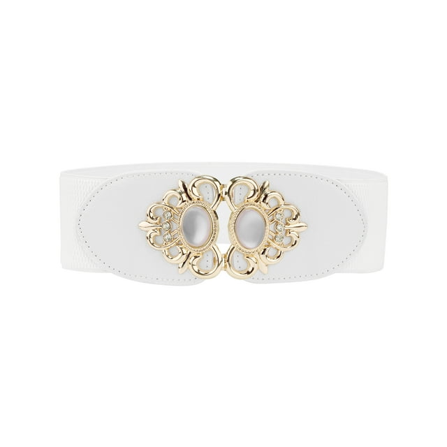 Cinturones elásticos Allegra K de 2.36" de ancho, de cuero sintético con cuentas de ópalo y incrustaciones de rhinestone, cinturón ajustable elástico para vestido de 66 cm/26" blanco