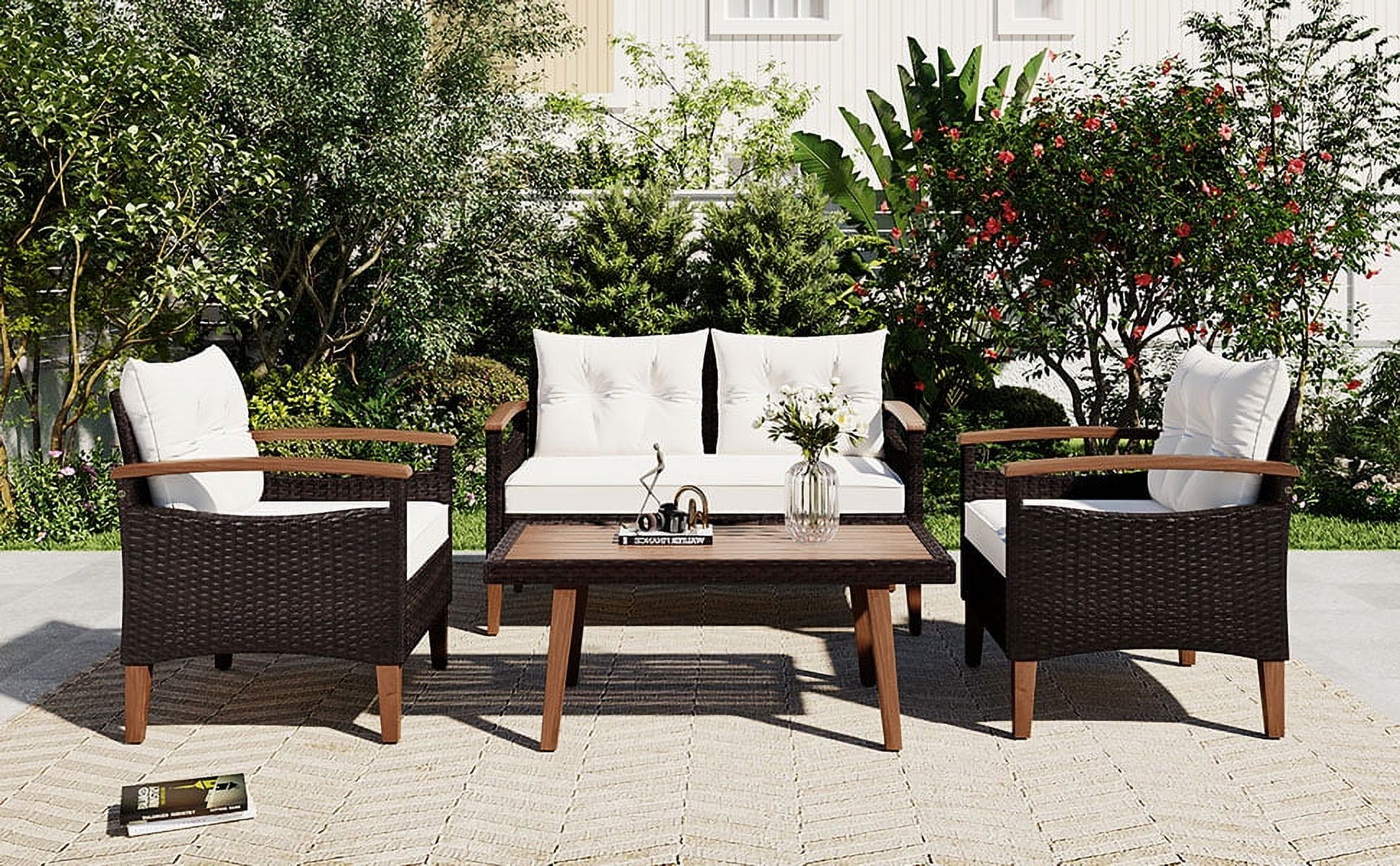 Harper & Bright Designs Patio Conversation Set, 4-Piece Outdoor Garden Furniture Set, Patio Seating Set, PE Rattan Outdoor Sofa Set, Wood Table and Legs, Brown+Beige+Wood