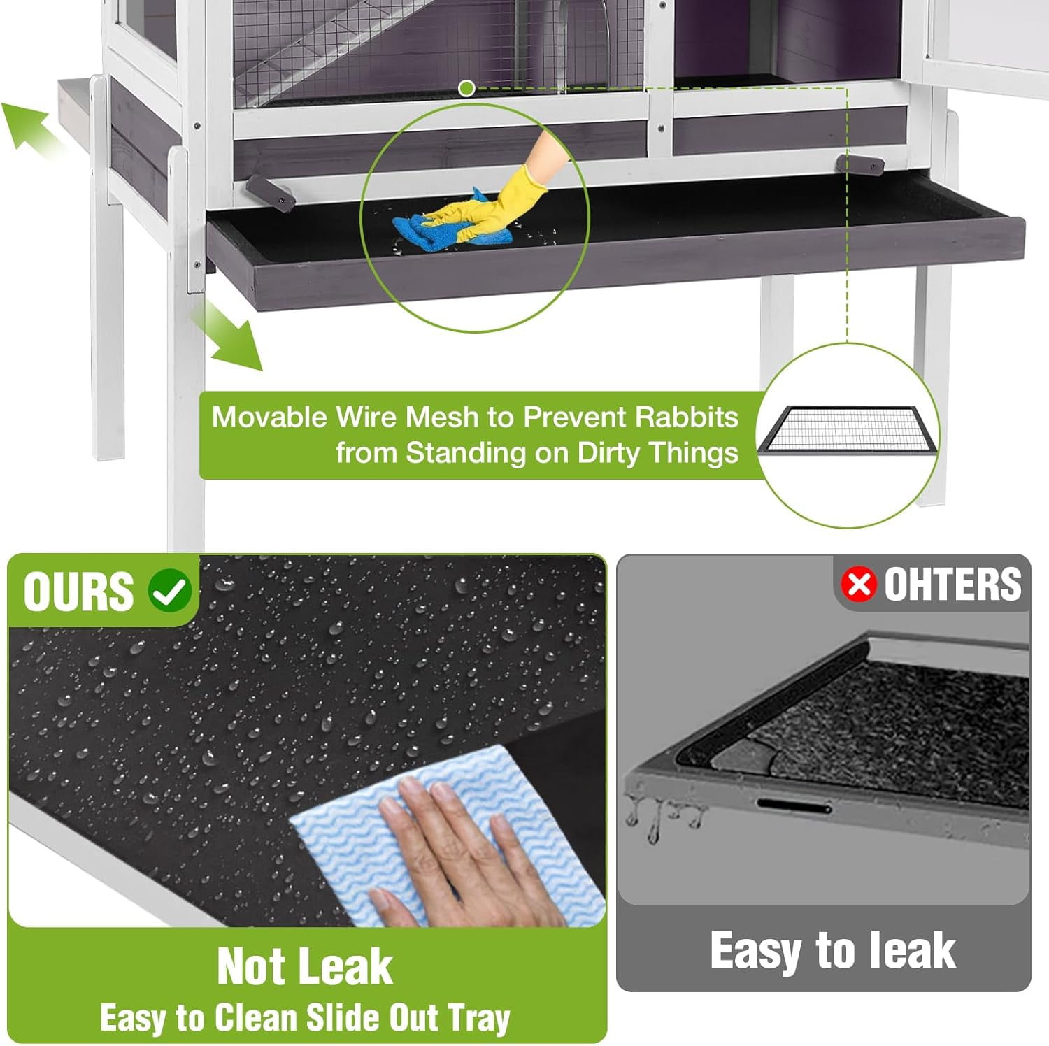 Aivituvin Indoor Guinea Pig Cage Rabbit Hutch with Chew-Proof Ramp, 2-Story Wooden Bunny House with Pull-Out Trays & Leakproof PVC Layer, Small Animal Cages with Detachable Legs (Gray)