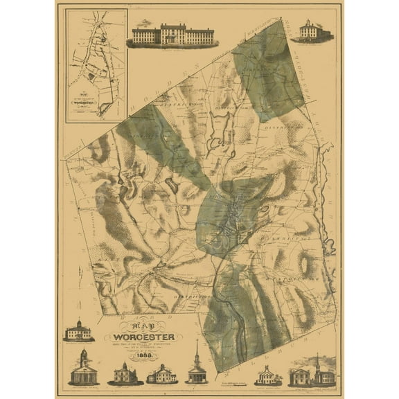 Historic County Map - Worcester County Massachusetts - Stebbins 1833 - Vintage Wall Art