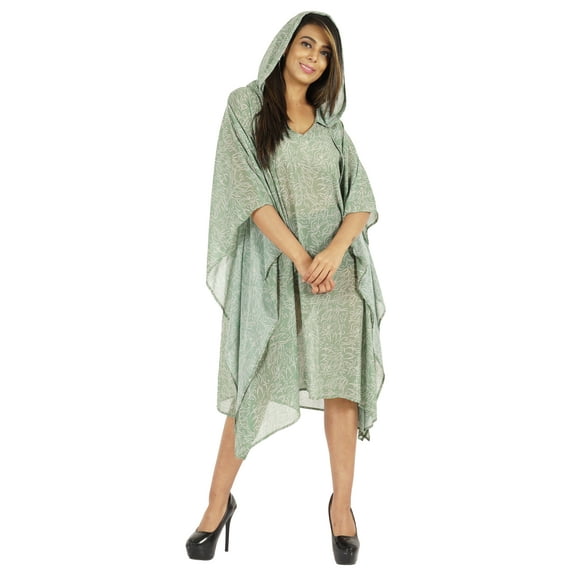 Moomaya WoMen's Short Hoodie Kaftan Loose Tunic Kimono Sleeve Mini Beach Cover Up Dress