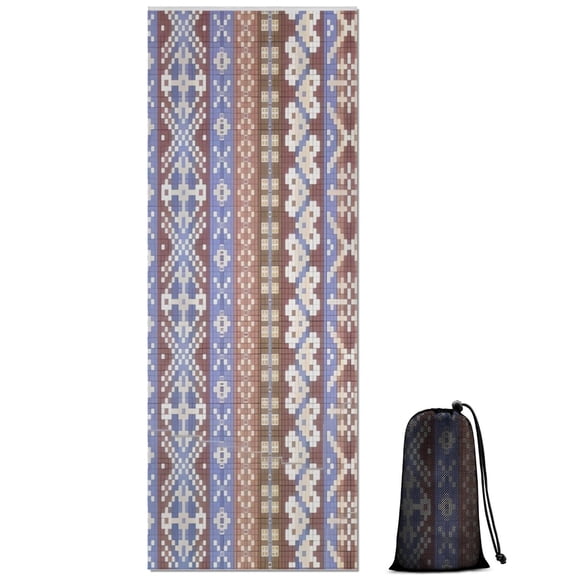 Boho Blue Knitted Ethnic Pattern Hot Yoga Mat Towel Non Slip for Hot Yoga - Quick-Drying Yoga Mat Cover with 4 Corner Pockets with Travel Bag - Hot Yoga Towel Non Slip 70"x26"