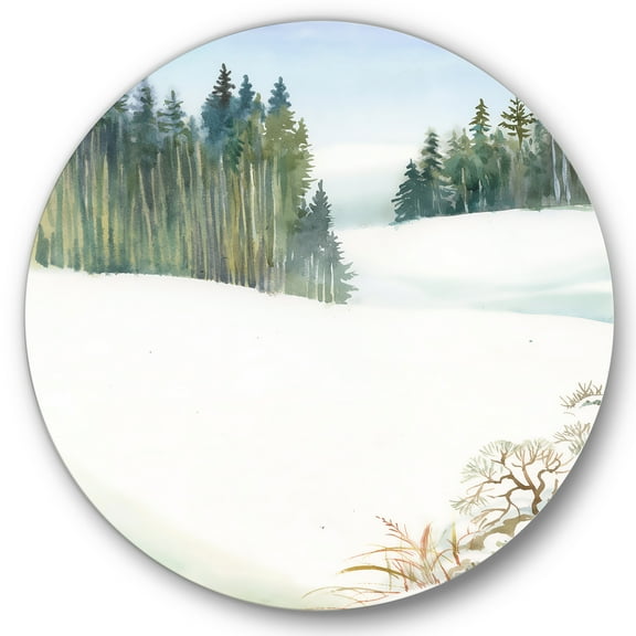 Designart 'Pine Forest In Snowy Winter Mountains' Traditional Circle Metal Wall Art 36x36 - Disc of 36