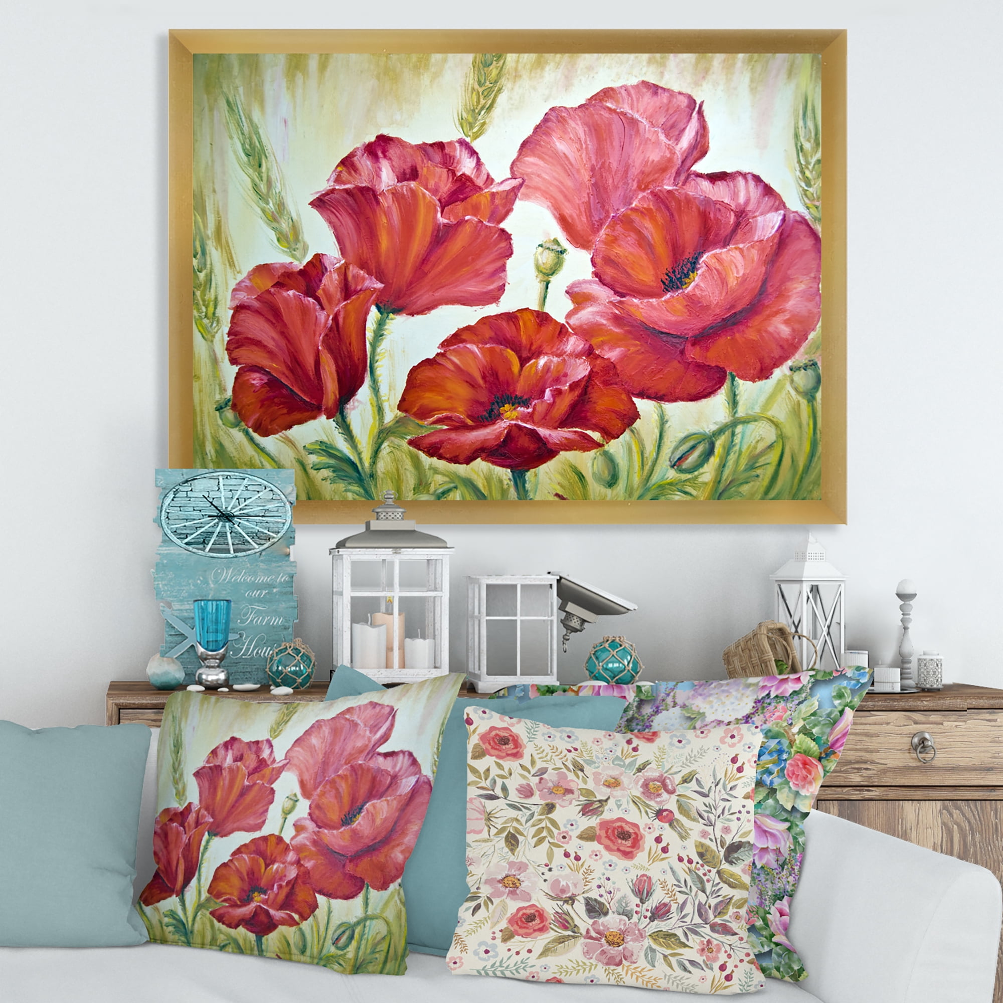 Designart 'Blossoming Red Poppies In The Morning' Traditional Framed Art Print