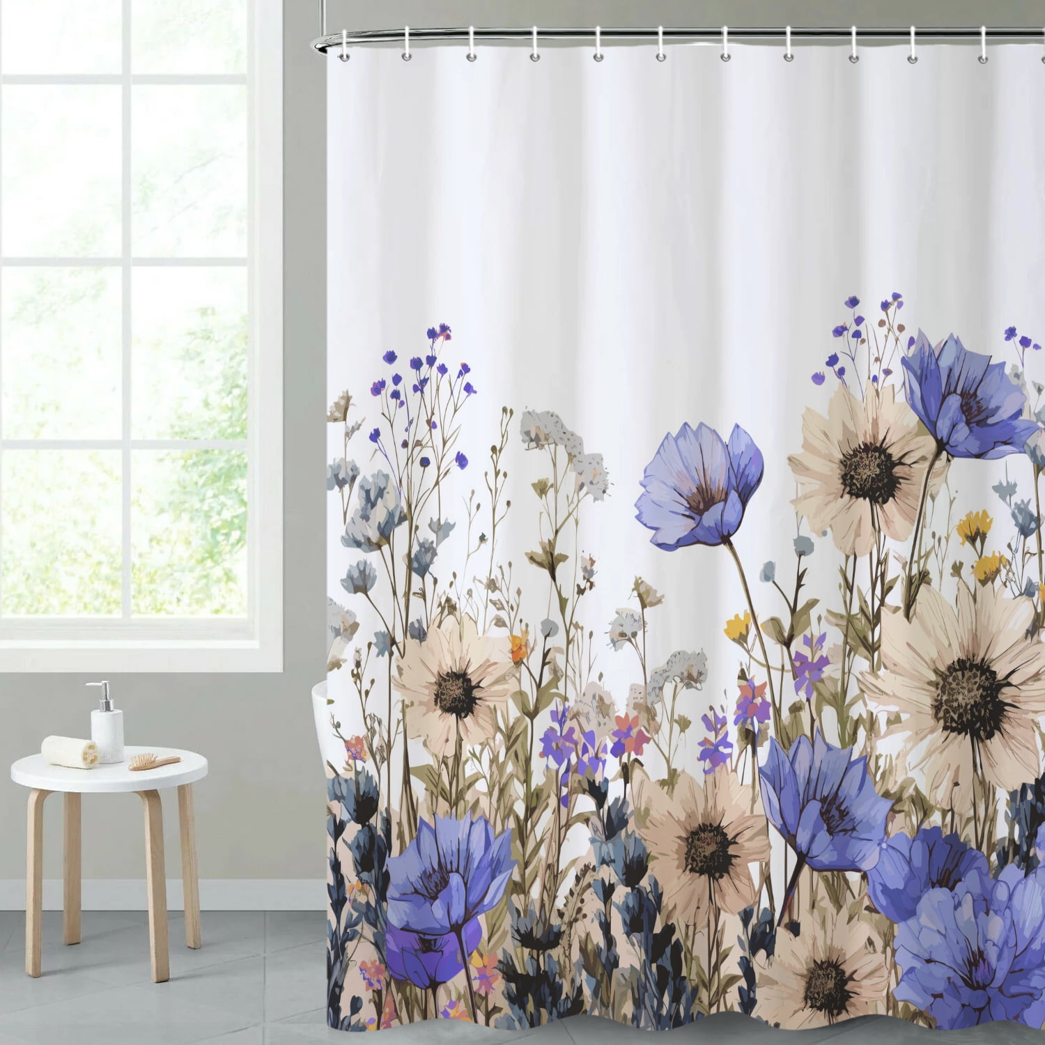 SUNOLIFE Spring Floral Shower Curtain,Purple Flowers Waterproof Polyster Bathroom Curtain,72x72 in