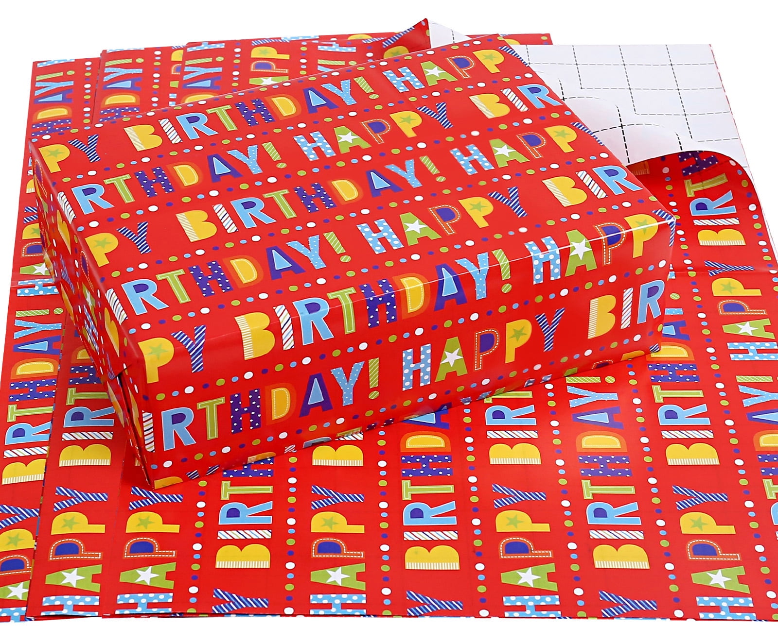 Birthday Wrapping Paper with Cut Lines - 3 Large Sheets Red Happy ...