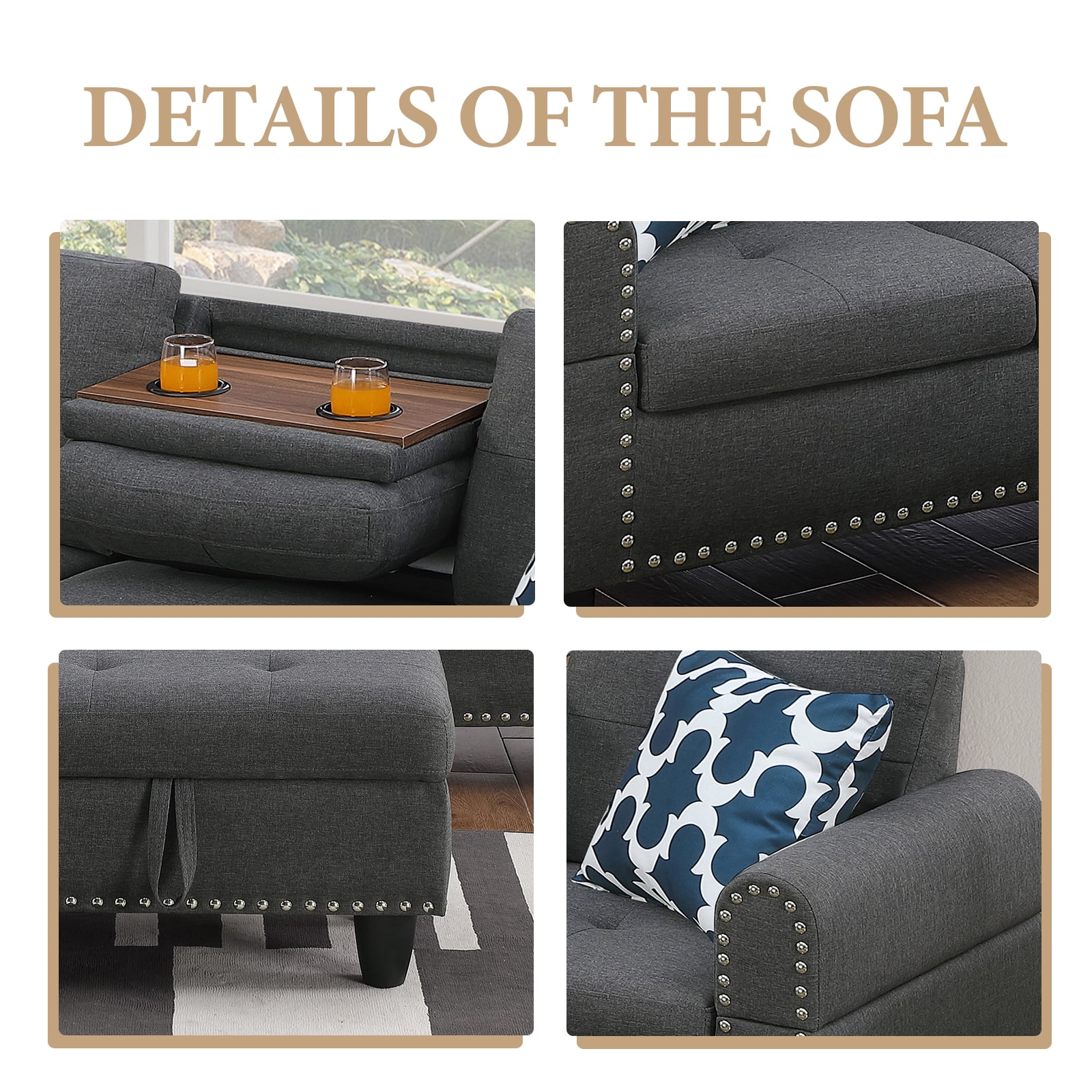 Dreamzie Flippable Backrest Sectional Sofa Set, L-Shaped Linen Modular Sectional Couches for Living Room, Apartment, Storage Ottoman,Dark Gray