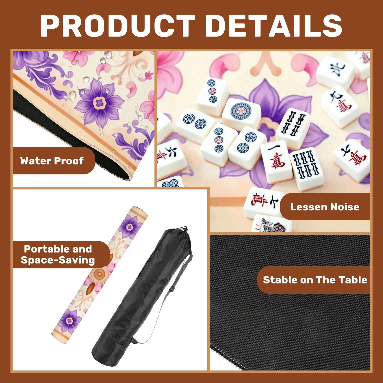 Mahjong Mat 31.5" x 31.5" Floral Mandala Pink Purple Flowers Ornate Details Non-Slip Noise Reduction American Mahjong Tiles Table Cover for Dominoes Poker Card Board Games Gift