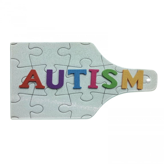 Autism Cutting Board, Completed Puzzle Pieces with Calligraphy Representing a Neurological Disability, Decorative Tempered Glass Cutting and Serving Board, in 3 Sizes, by Ambesonne