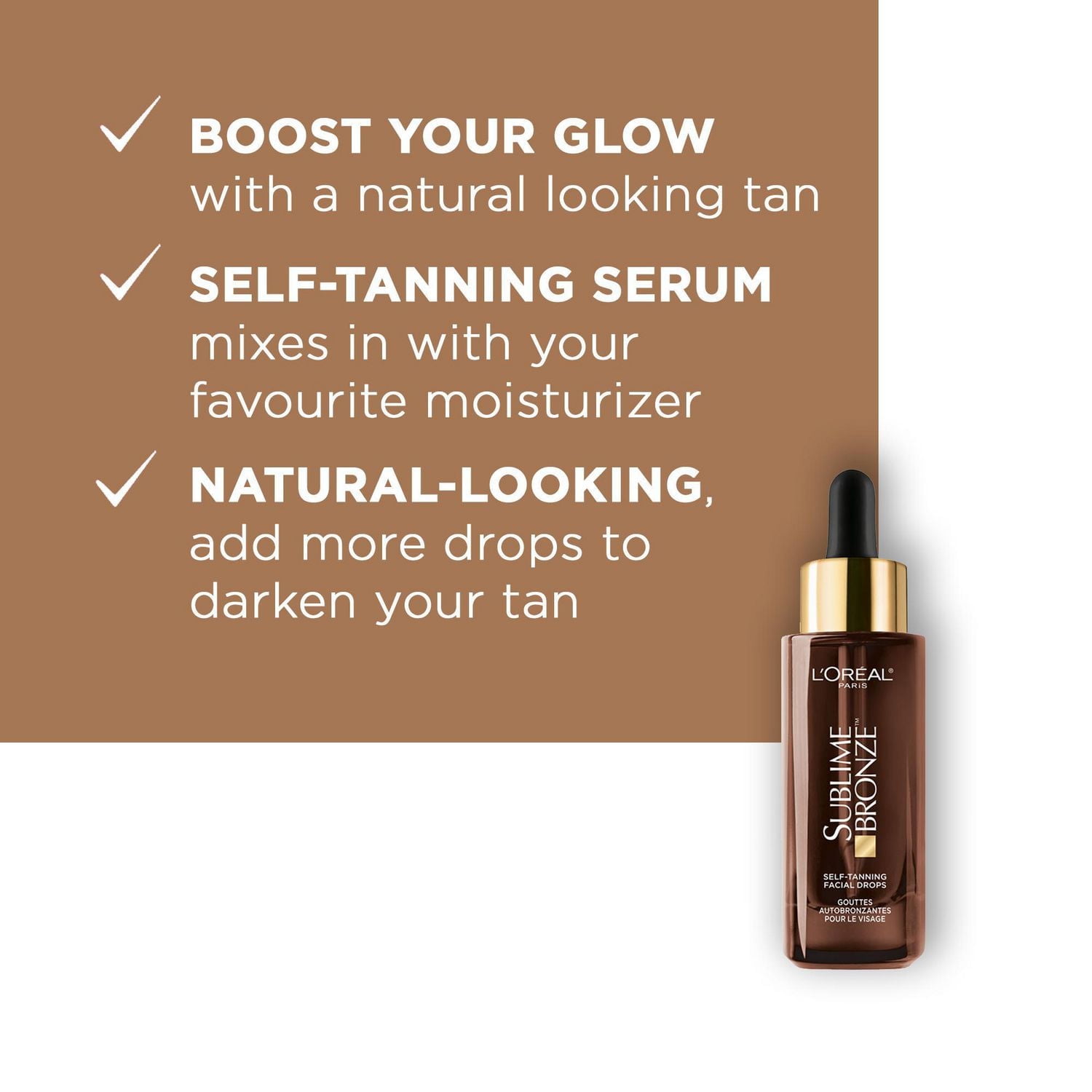 L'Oreal Paris Sublime Bronze Autobronzant Sérum d’éclat pour le visage avec Acide hyaluronique, sans parfum, 30 mL