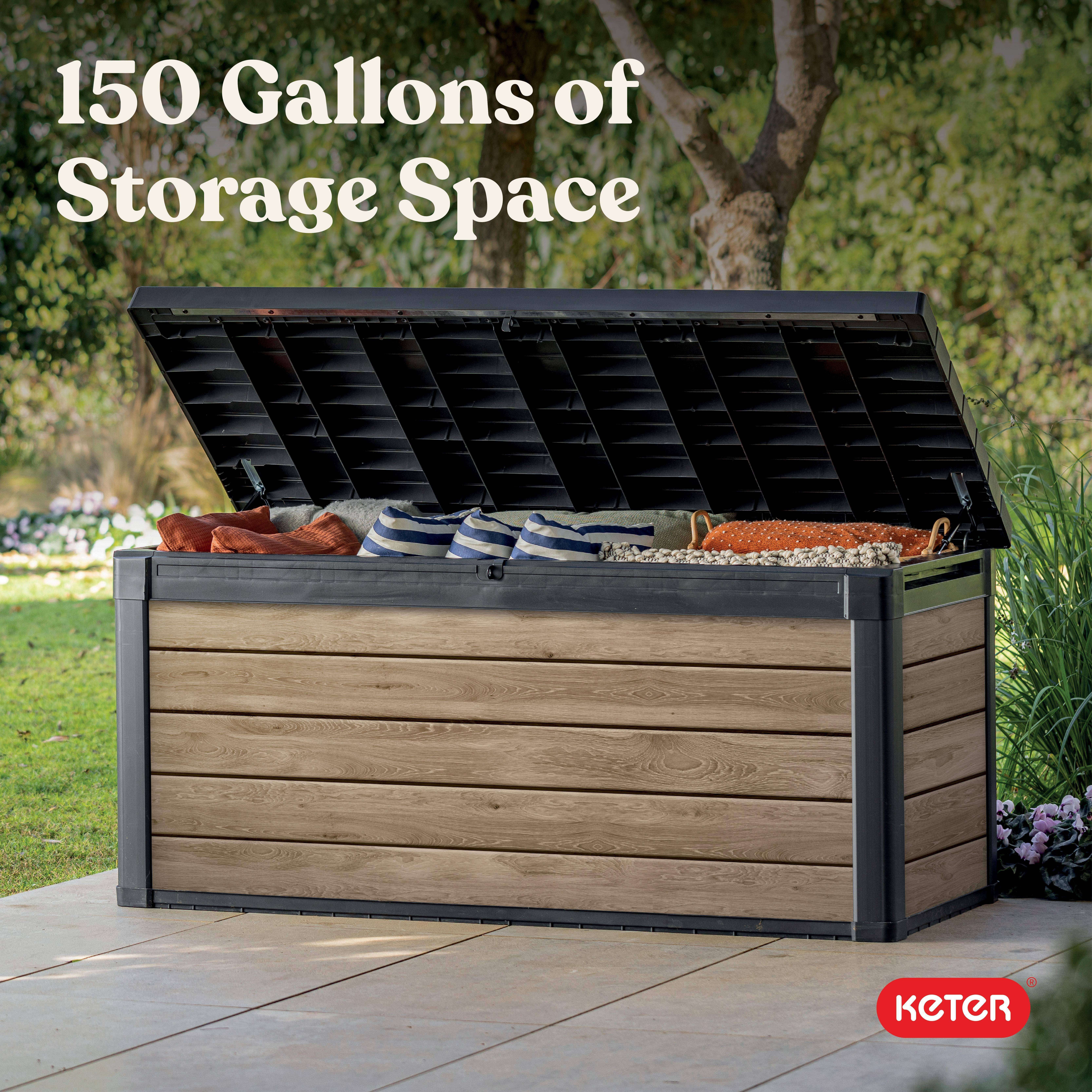 Keter Eastwood 150 Gallon Durable Resin Outdoor Deck Box Storage Organization, Ashwood