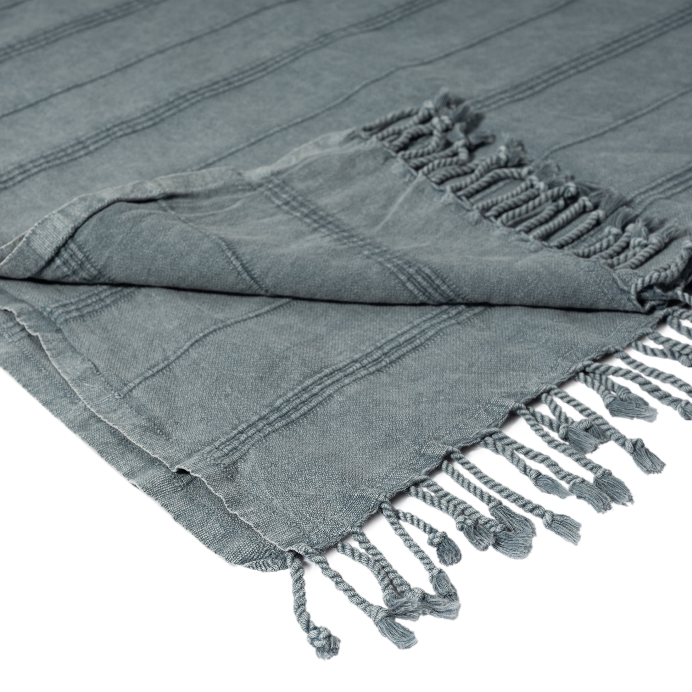 Ox Bay Sarra Bluish Gray Striped Fringed Ultra-Soft Turkish Cotton Reversible Throw Blanket, 50" x 60"