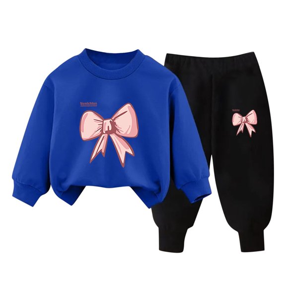 Zwiiyzr 2025 3-10Y Toddler Baby Boy Girl Clothes Warm Fleece Lined Bowknot Print Long Sleeve Sweatshirt Tops and Pants Winter Fall Clothing Set Blue