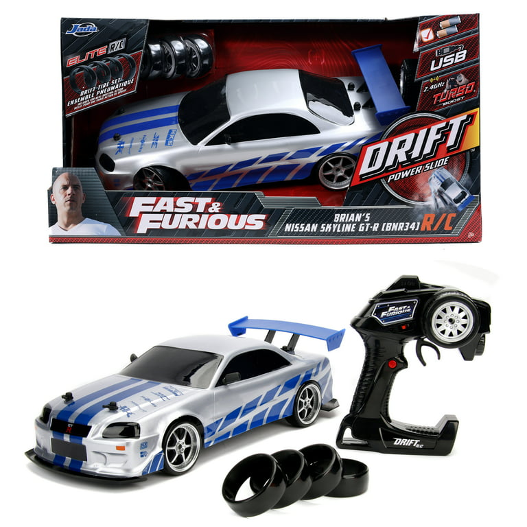 Jada Toys Fast & Furious Brian's Nissan Skyline GT-R (BN34) Drift Power  Slide RC Radio Remote Control Toy Race Car with Extra Tires, 1:10 Scale