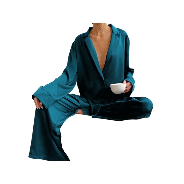 SAYOO Camisón de 2 piezas para mujeres, camisa de cuello de solapa de manga larga de color sólido + pantalones SAYOO moda