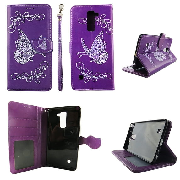White Butterfly Purple Wallet Folio Case for LG Stylo 2 LS775 Fashion Flip PU Leather Cover Card Cash Slots & Stand