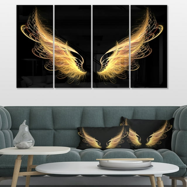 Golden Angel Wings on Black - Oversized Abstract Canvas Art