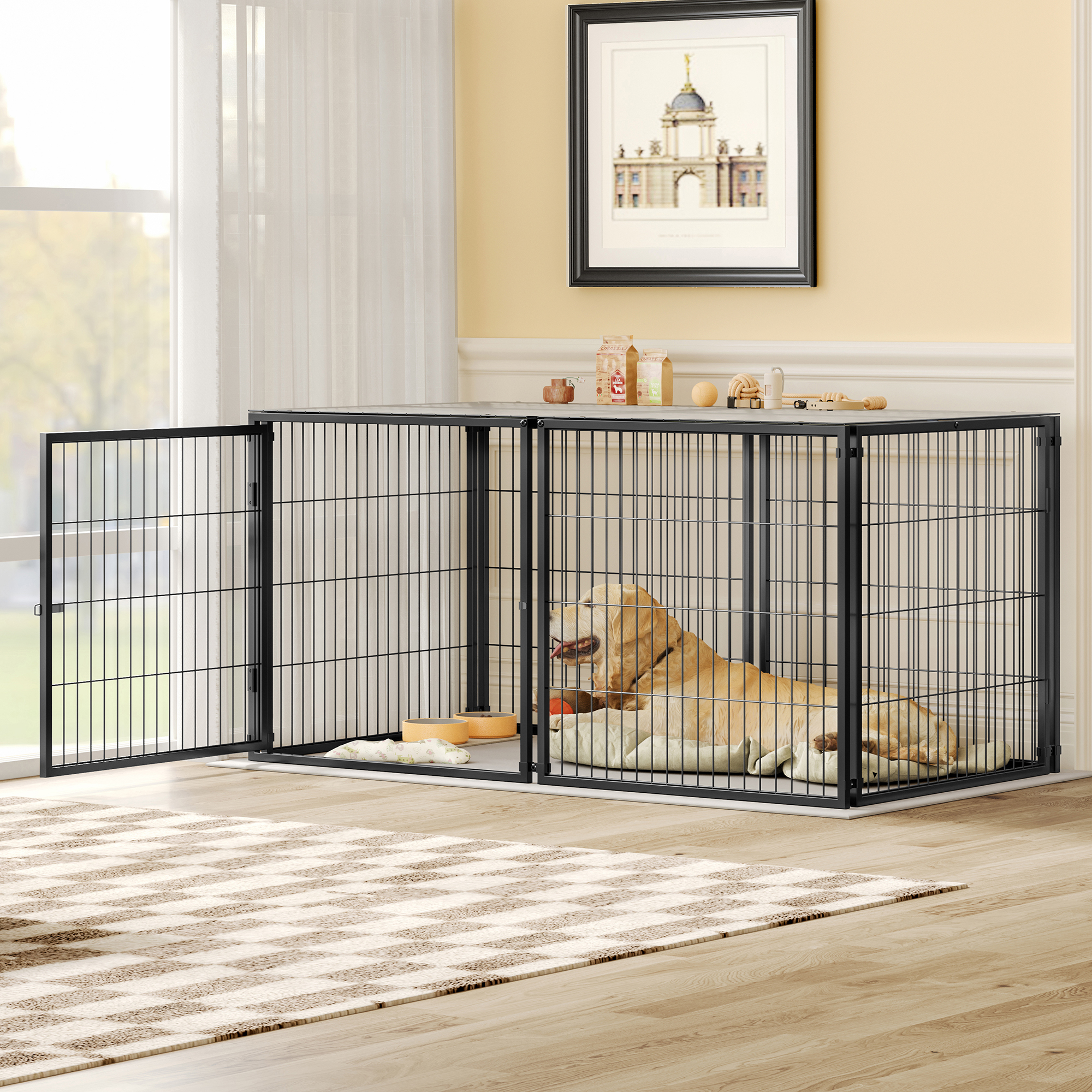 Leumius 64" Dog Cage, Dog Kennel for Medium Dogs Puppy Dog Playpen with Top, Pet Cage for Indoor Black