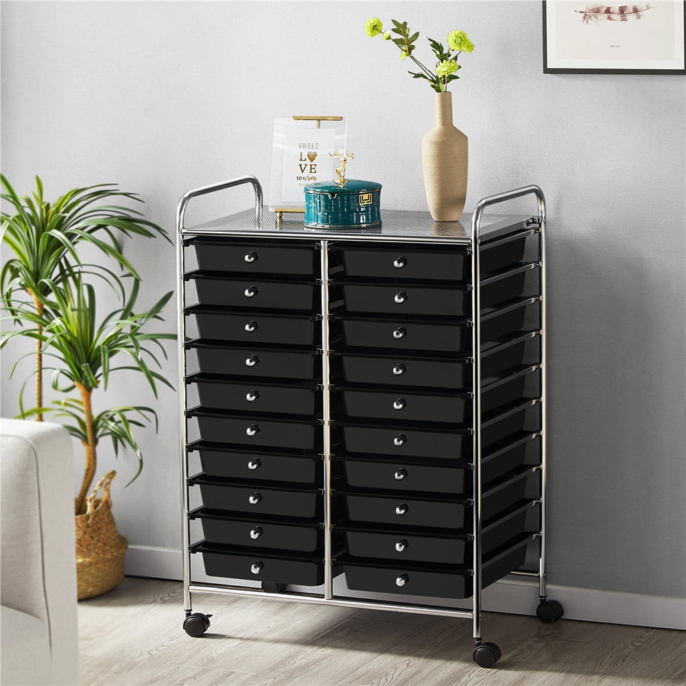 Alden Design 20 Drawers Metal Frame Storage Cart Rolling Bin with Lockable Wheels, Black