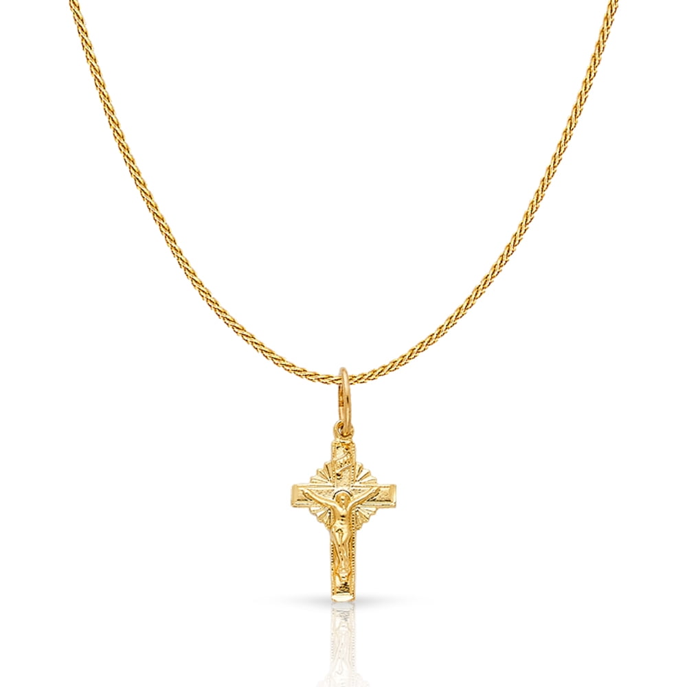 14K Yellow Gold Crucifix Charm Pendant with 0.9mm Wheat Chain Necklace