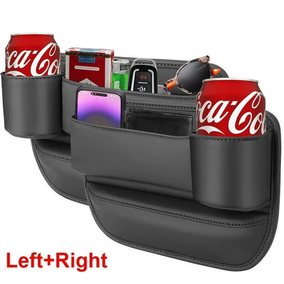 ASKITO 2-Pack Car Seat Gap Filler Organizer, PU Leather Car Left & Right Side Seat Organizer with Cup Holder, Universal Car Seat Storage Box for Phone, Sunglasses, Keys, Black