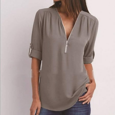 Ichuanyi Fall Tops for Women 2022 Women's Summer Long Sleeve Shirts Zip Casual Tunic V-Neck Rollable Blouse Tops