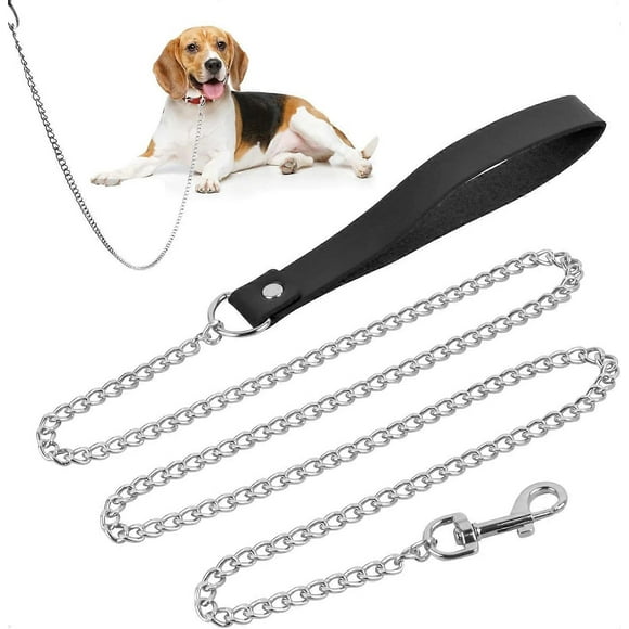 Dog Chain Leash, Dog Chain Leash, 118Cm Dog Chain, Metal Chain Leash, Leash With Padded Handle, Pet Dog Leash - Black + Silver