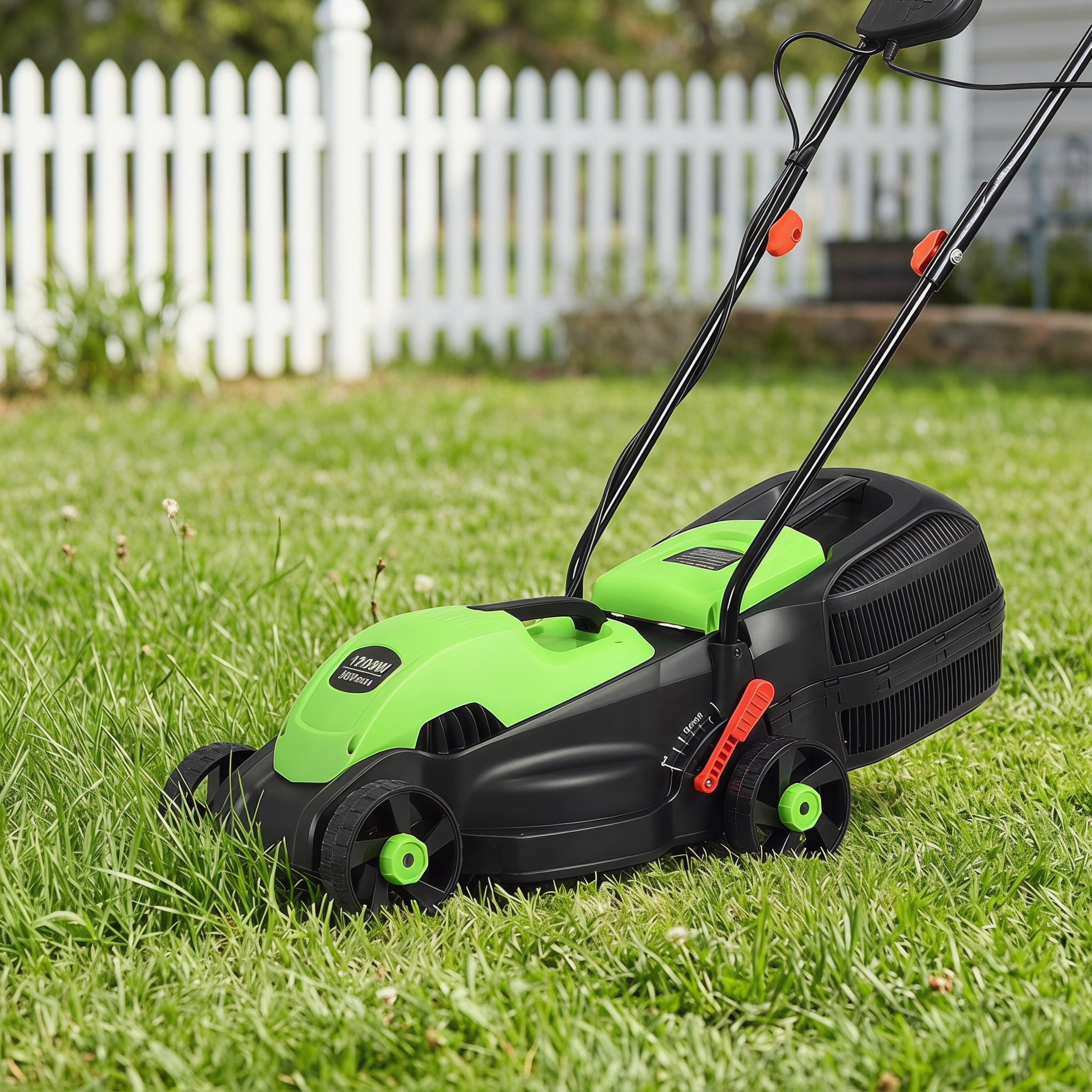 Kadyn 14 Inch 12 Amp Electric Push Corded Lawn Mower with 30L Grass Bag, 3 Adjustable Cutting Heights, Foldable Handle, One-Touch Start, Green
