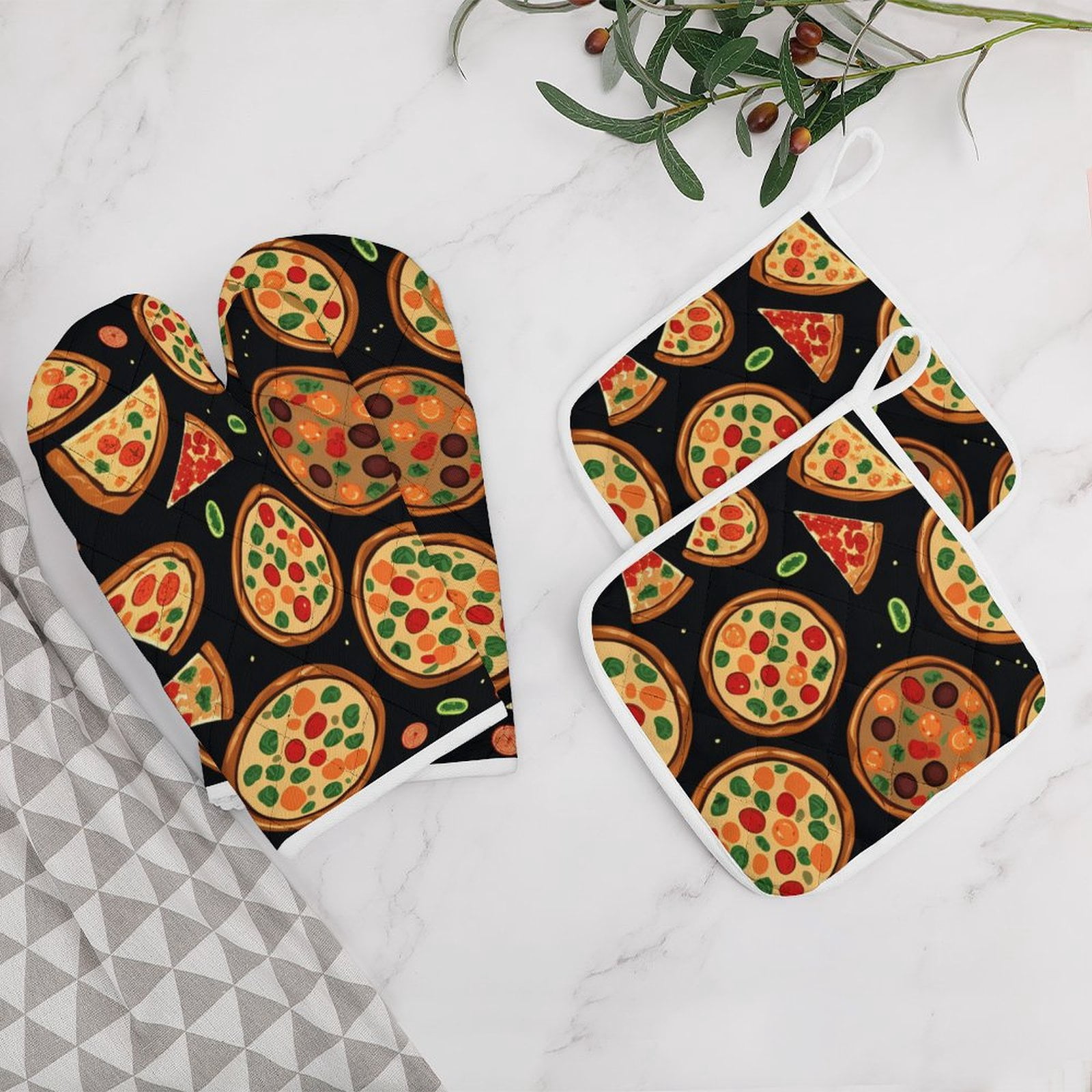 Fun Pizza Oven Mitts And Pot Holders Sets of 4 Oven Gloves Set Potholders for Kitchen Cooking Baking Grilling Anti Scald Hot Pads And Heat Resistant