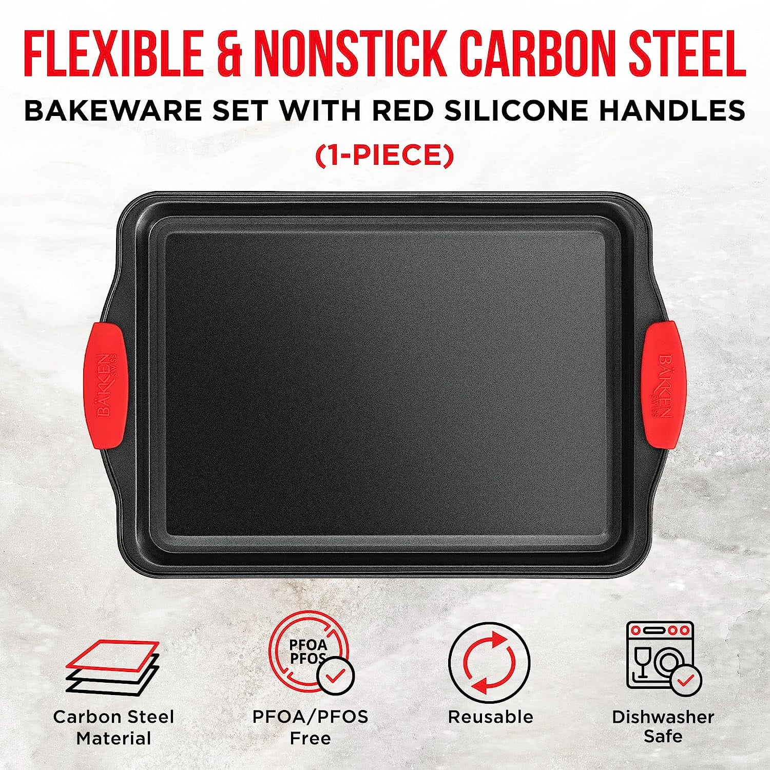 Bakken- Swiss Nonstick Cookie Sheet Pan Carbon Steel Oven Tray Sheet Pan with Red Silicone Handles -Small Bakeware Pan Tray with Gray Coating Inside & Outside