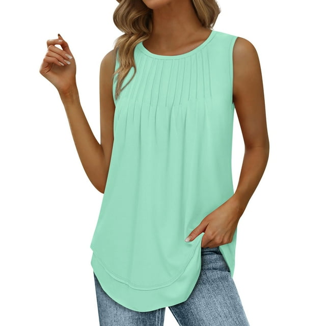 Timegard Camisole pour Femmes Froncée à Col Rond Confortable Ample Décontractée Sans Manches T-Shirts Couleur Unie
