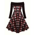 thumbnail image 2 of Women's Off-the-Shoulder Plaid Color Block Midi Dress, Vintage Long Sleeve Knit A-Line Flared Skirt Combo Dress, 2 of 3