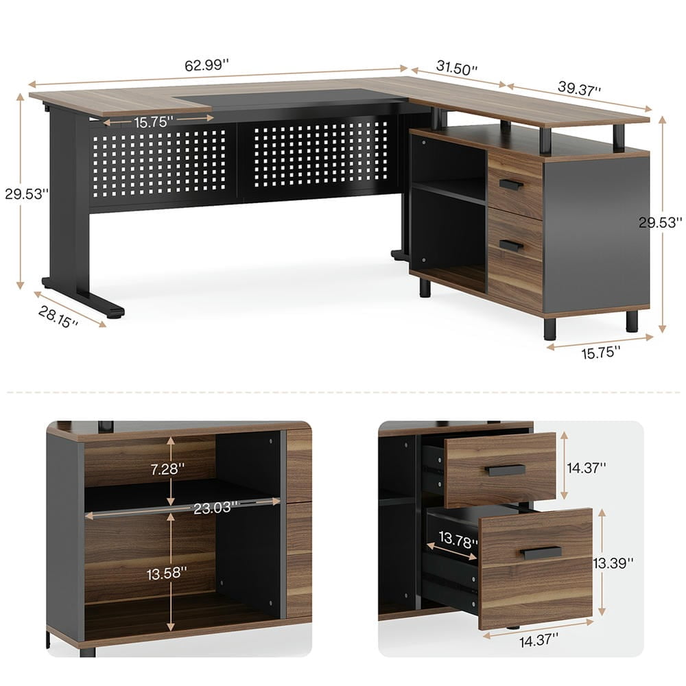 YYAo Gaming Desk, Computer Desk,Industrial L-Shaped Desk, 63" Computer Executive Desk with File Cabinet,Beige & Black