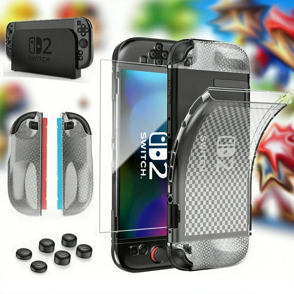 HEYSTOP TPU Transparent Protective Cover Set for Nintendo Switch 2 - Ergonomic Grip, Keycaps, Tempered Film & Accessories for 360° Protection