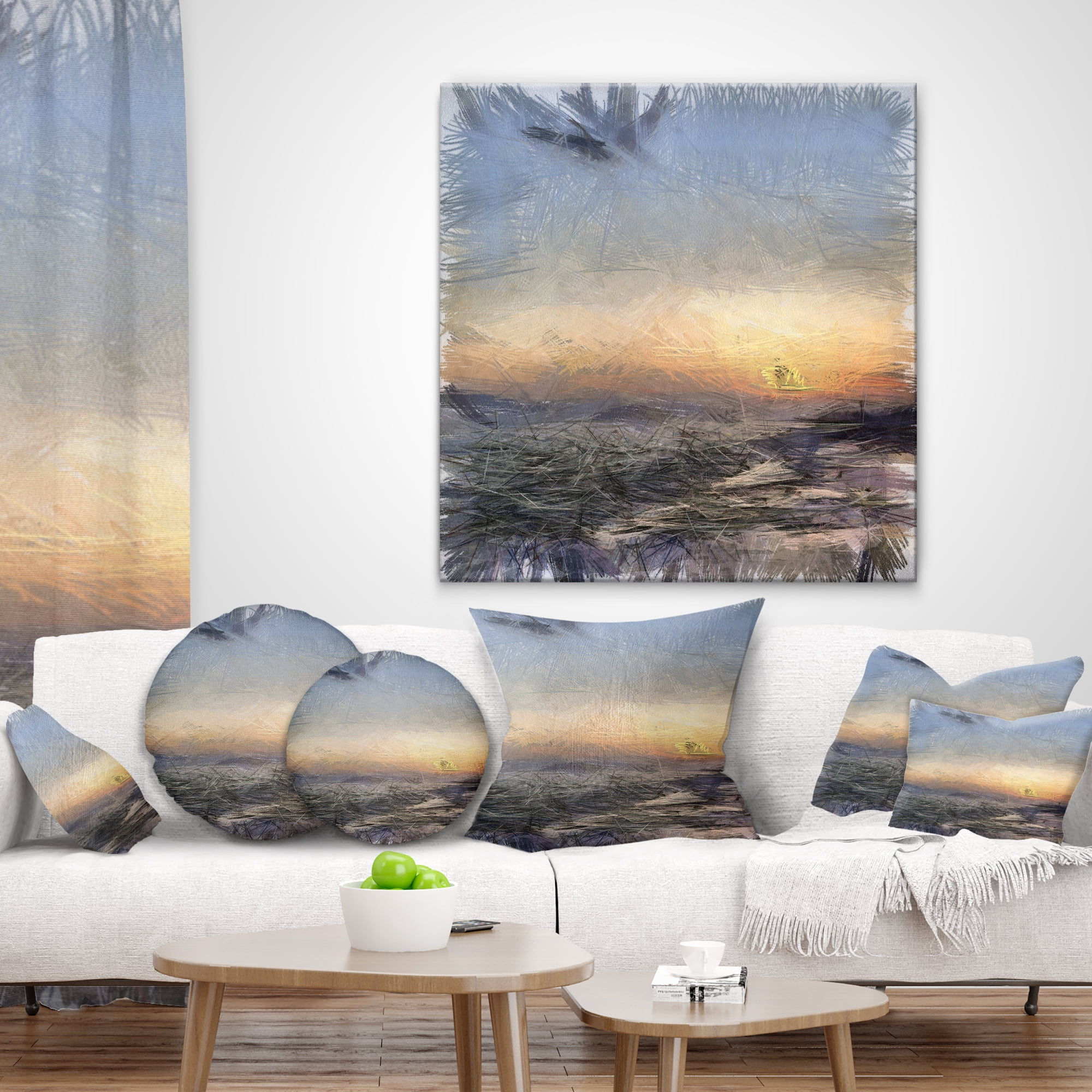 Designart Colorful Dawn over Sea Watercolor - Landscape Printed Throw Pillow - 12x20