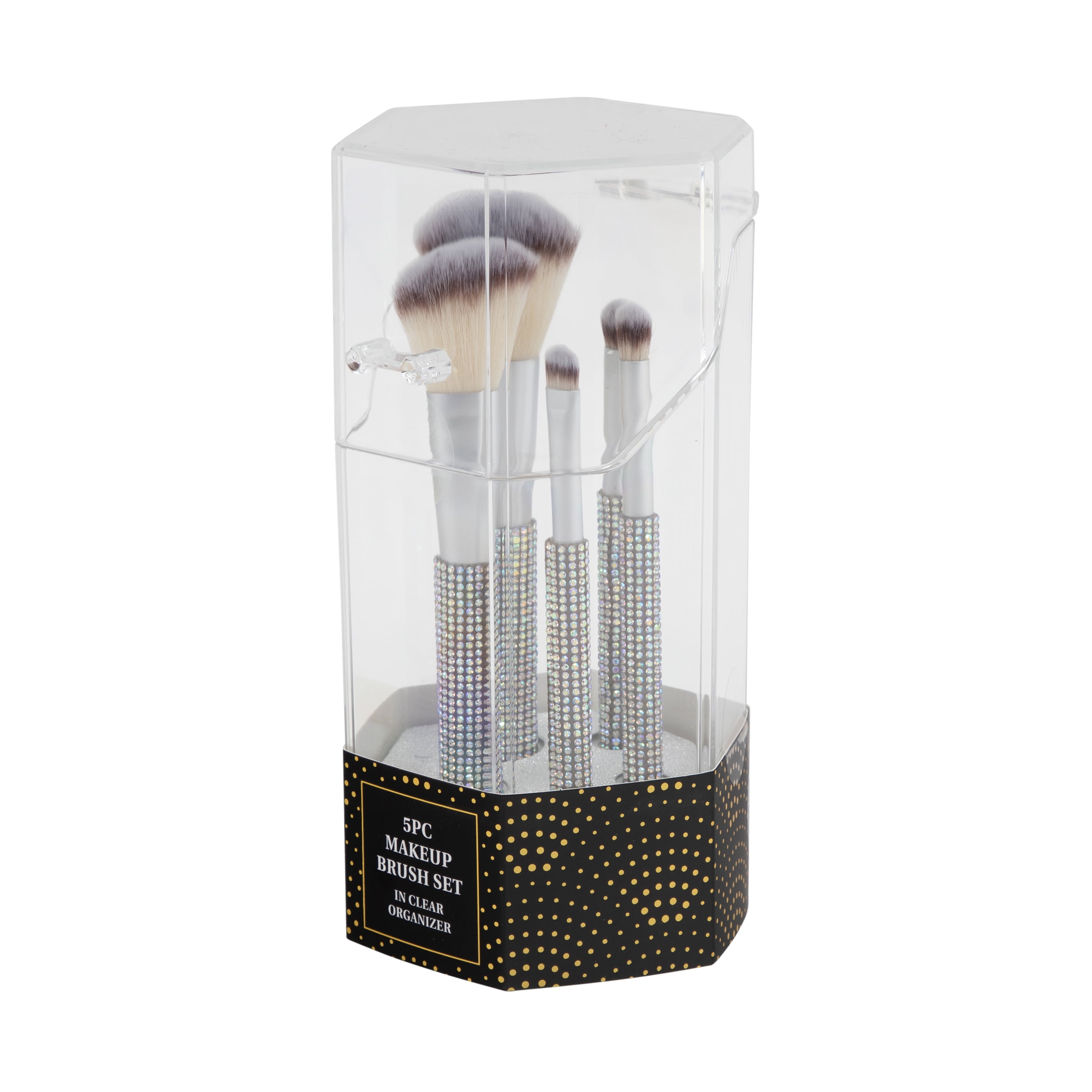 5pc Bling Brush Set with Polystyrene Holder. Face and Eye Brushes for Professional Look. Holds brushes  upright to keep them clean and tidy.