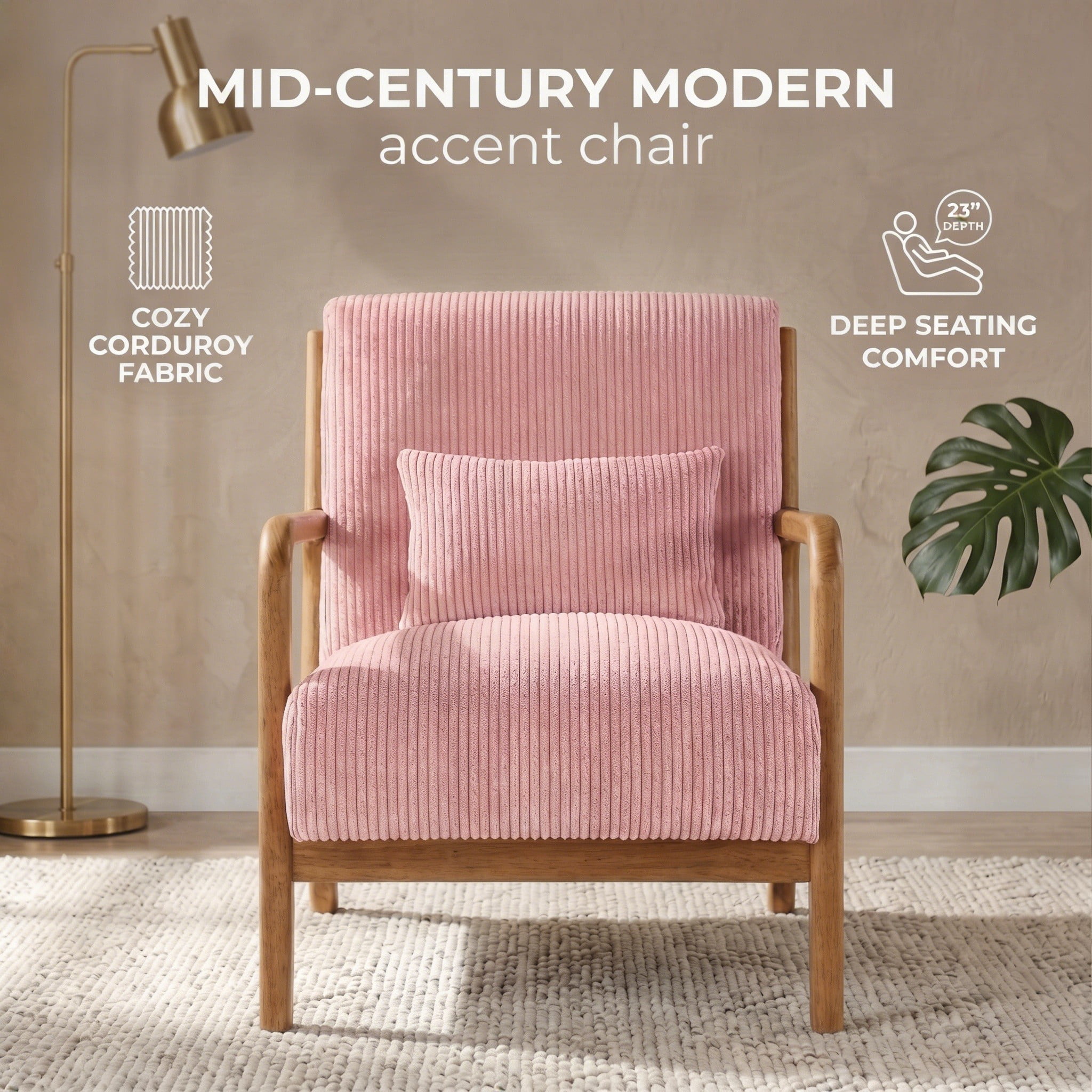 Mid-Century Modern Corduroy Accent Chair with Solid Wood Frame & Lumbar Pillow, Pink