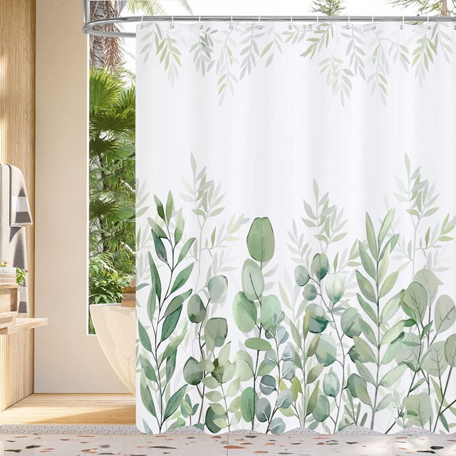 Cortina de ducha de eucalipto verde, cortinas de ducha de tela con hojas de plantas para decoración de baño rústica Vintage, 72x72