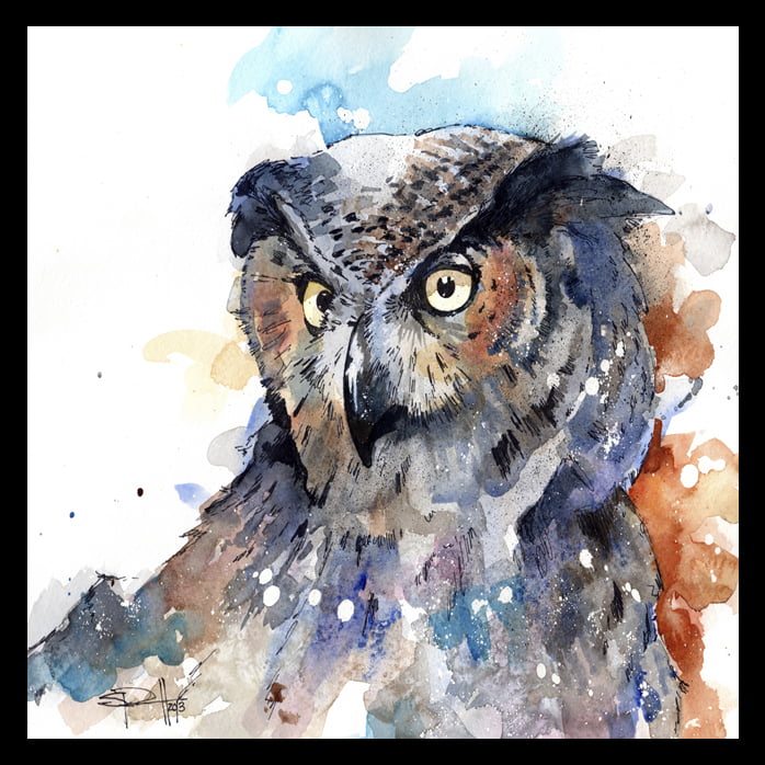 FRAMED Horned Owl by Sean Parnell 36x36 Watercolor Painting Print 