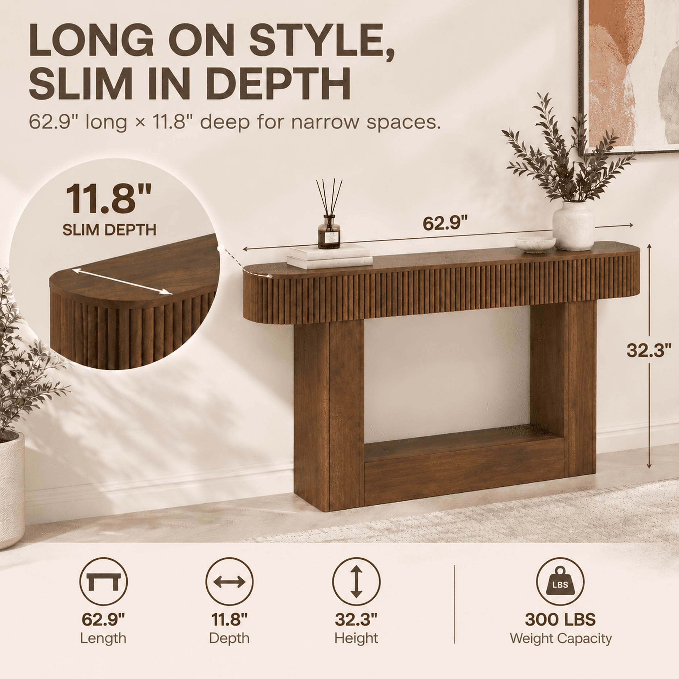 PORKISS 62.9" Console Table with Open Storage, Narrow Long Entryway Table with Rounded Edges, Fluted Sofa Table for Living Room, Hallway, Foyer, Behind Couch, Brown A