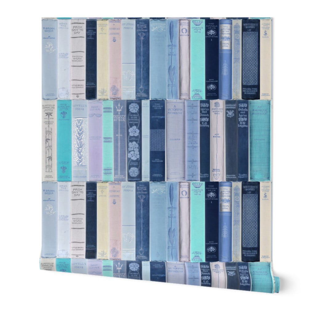 Removable Water-Activated Wallpaper Blue Books Library Book Worm Covers Novels